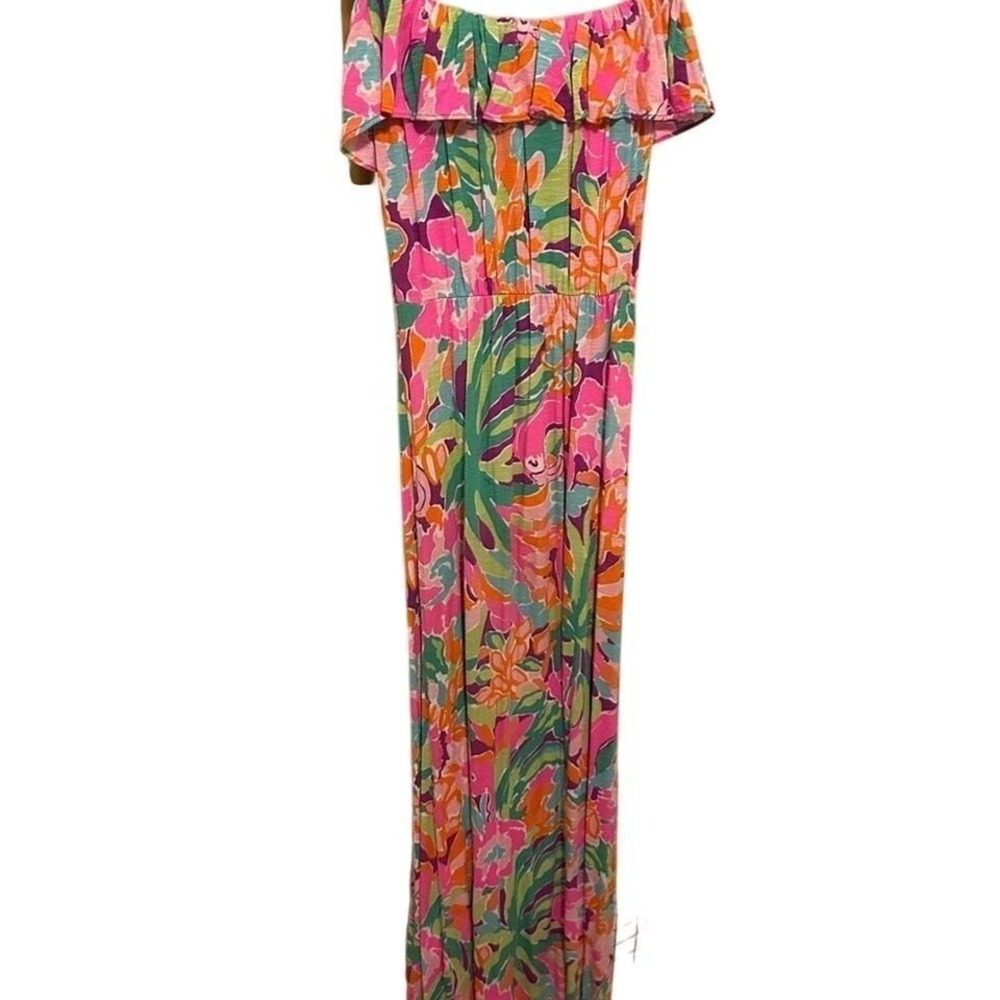 Lilly Pulitzer Pink Green Floral Off The Shoulder Maxi Dress XS Tropical Ruffle - Picture 4 of 5